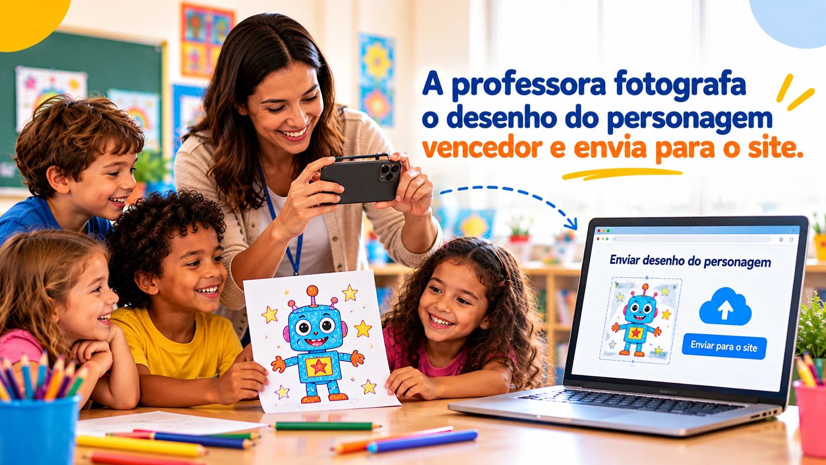 Passo 3: a professora fotografa o desenho do personagem vencedor e envia para o site.